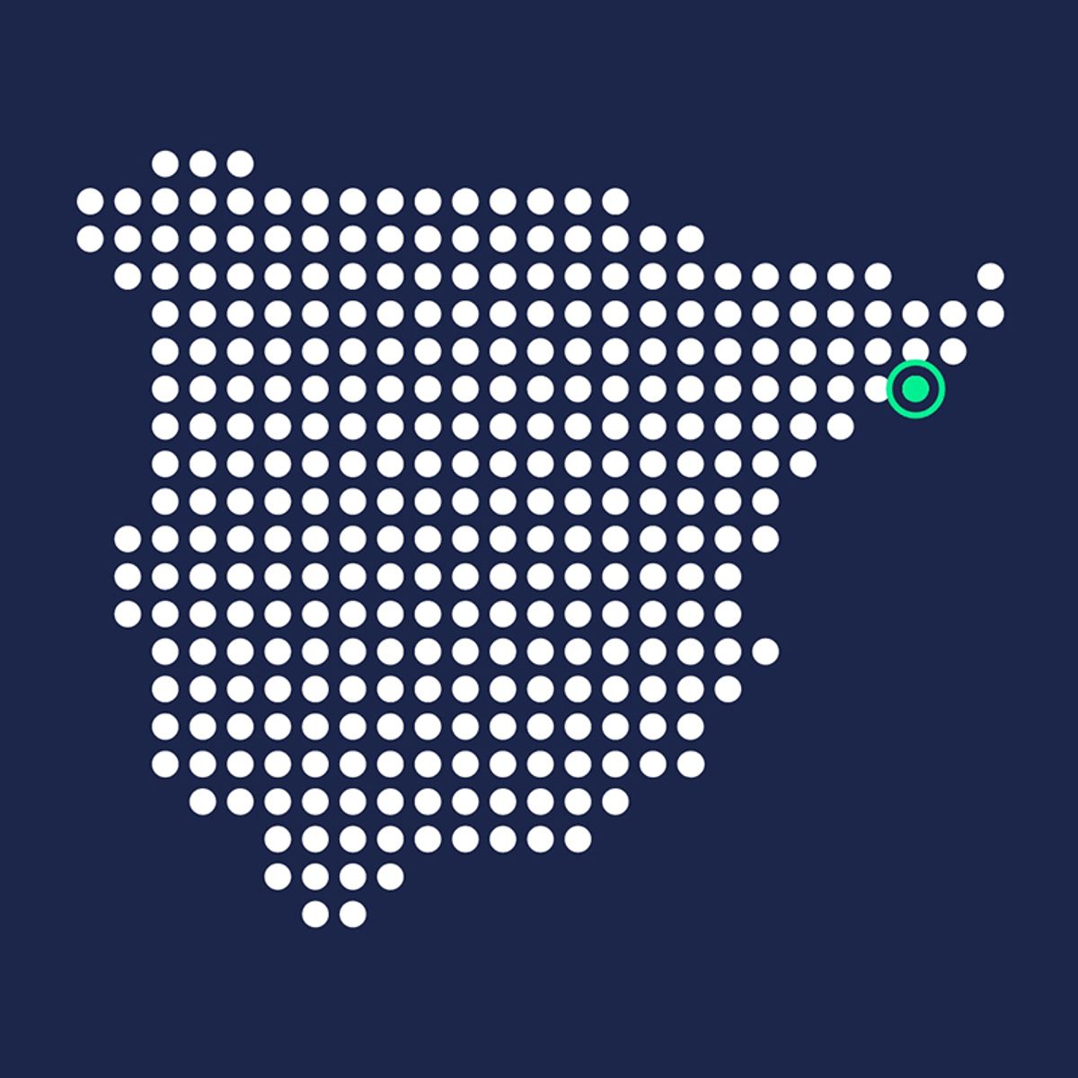 Dotted map of Spain with a green location marker on the northeastern coast
