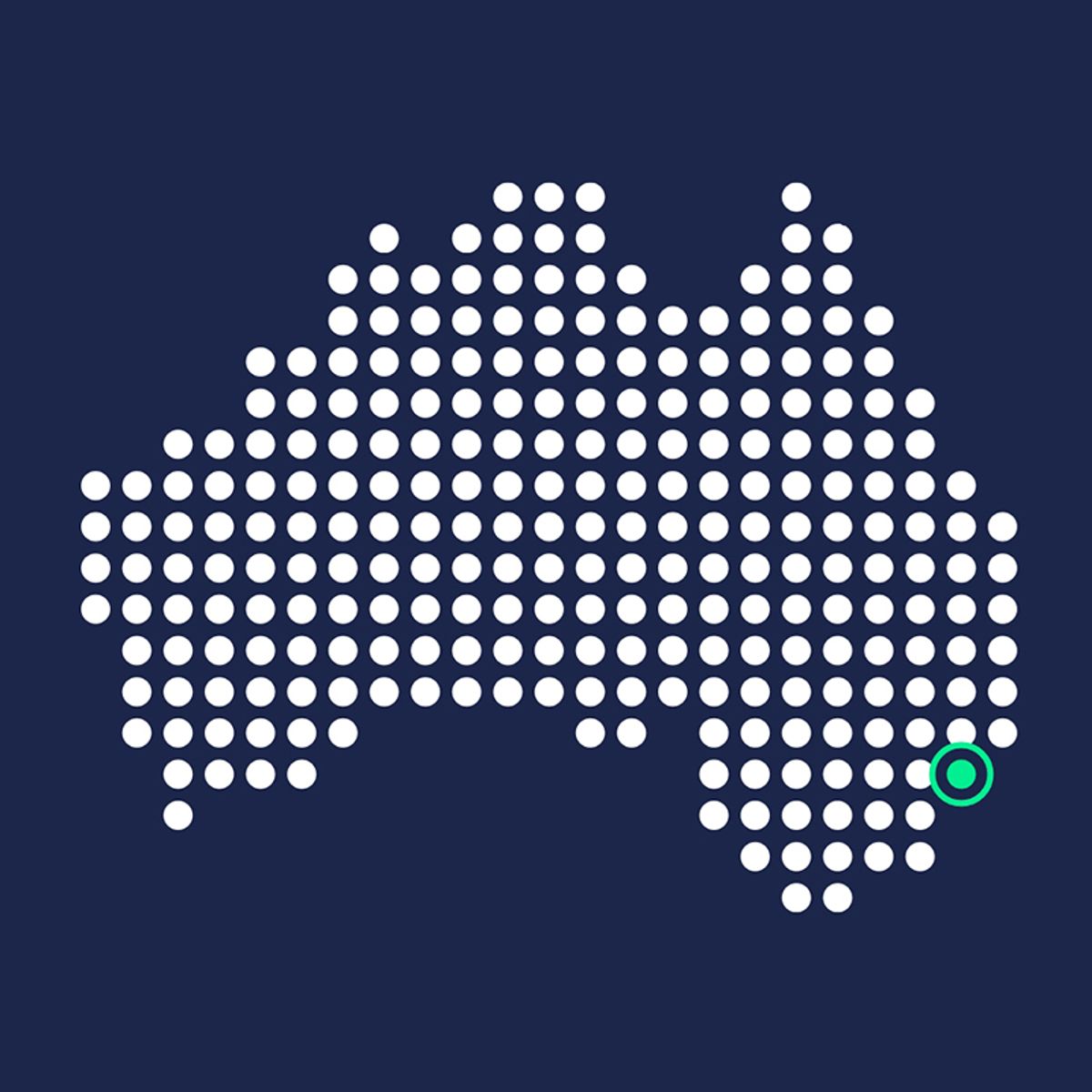Dotted map of Australia on dark blue background with a green highlighted location marker on the southeast coast