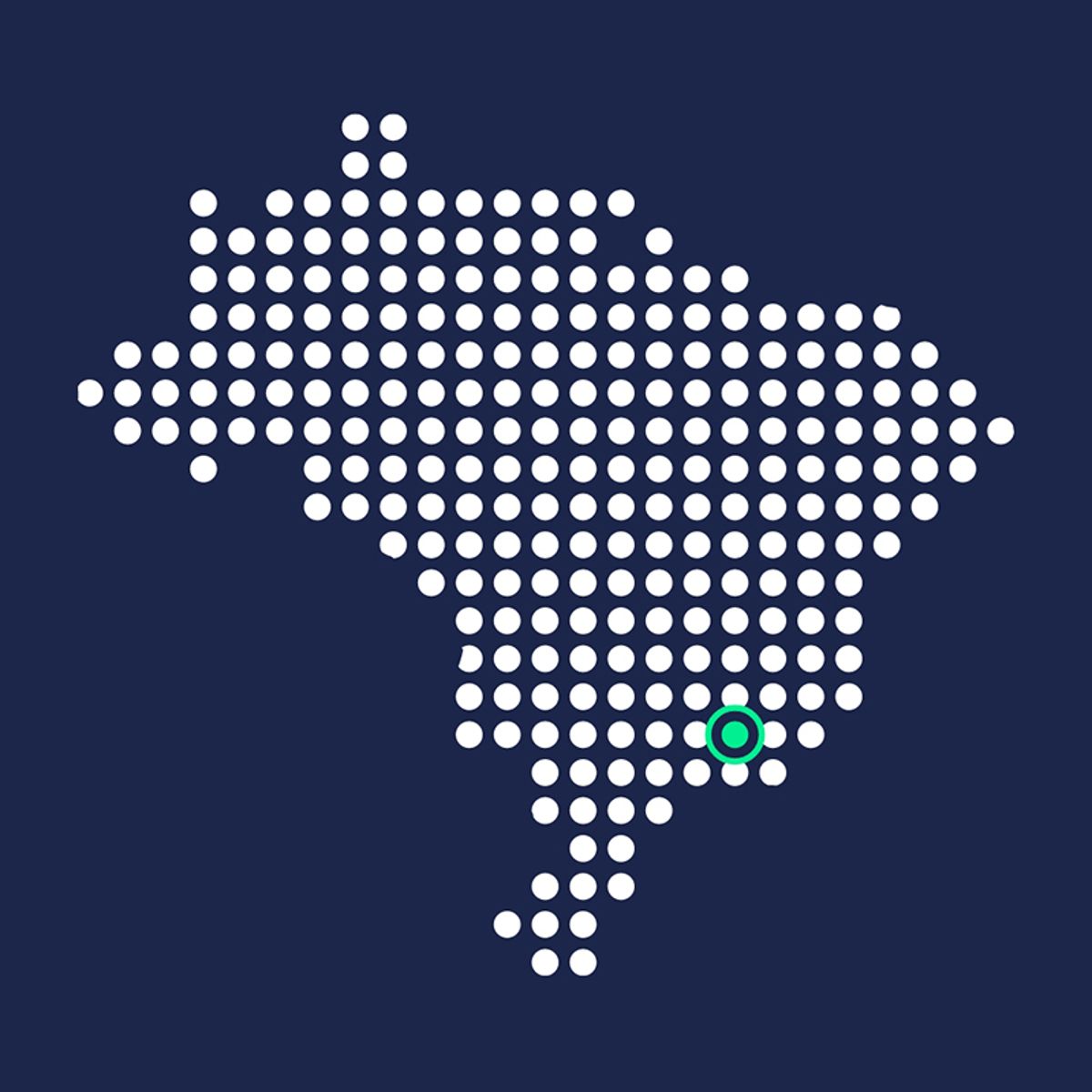Dotted map of Brazil on dark blue background with a green highlighted point in the southeast region.