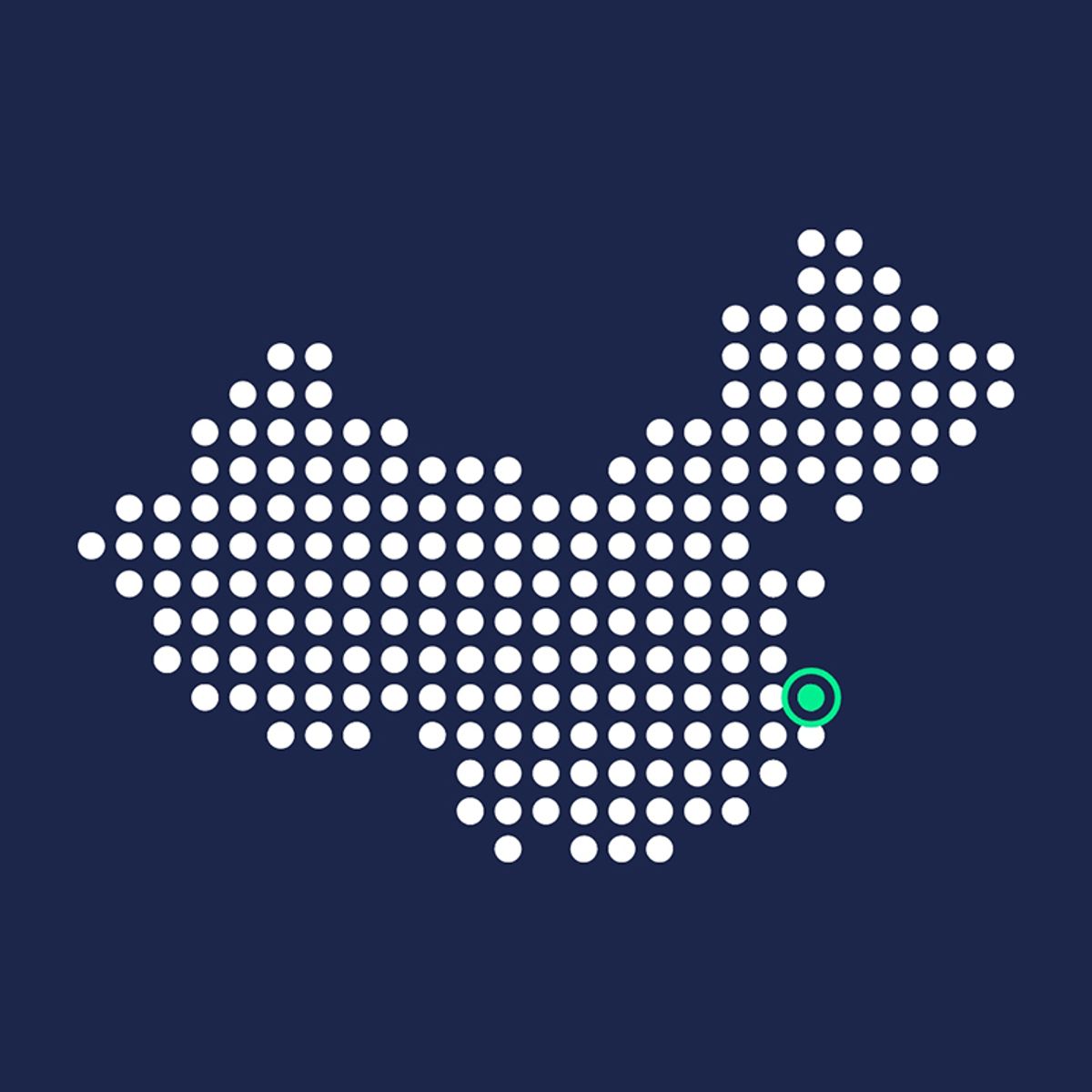 Dotted map of China with a highlighted green location marker on the eastern region