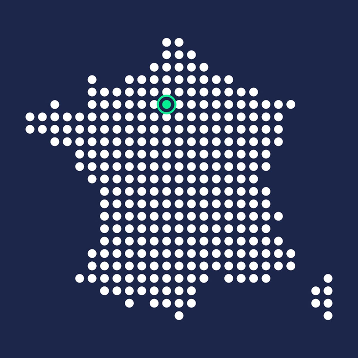 Dotted map of France with a green location pin marker near Paris