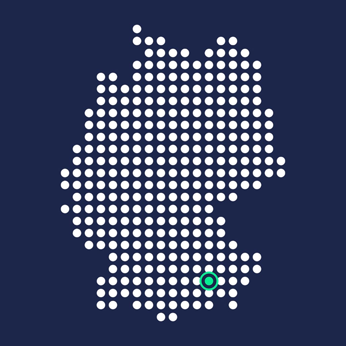 Dotted map of Germany with a highlighted green marker in the southeast region