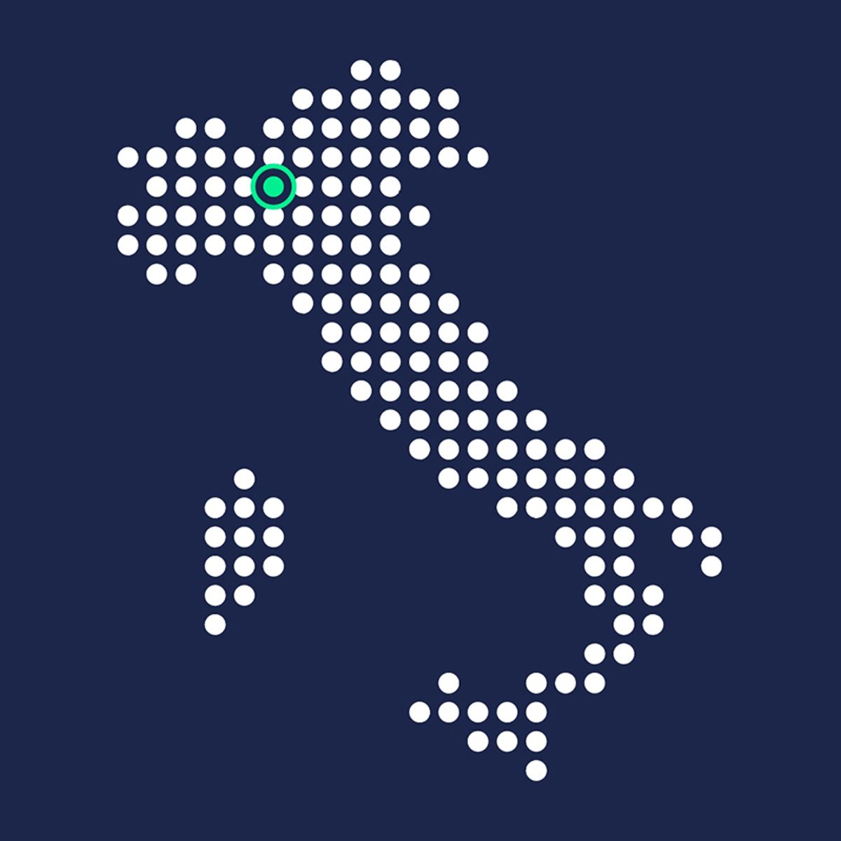 Dotted map of Italy on a dark blue background with a green location pin marker in the north.