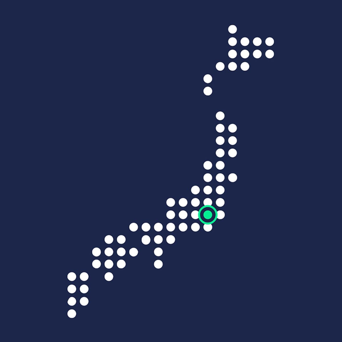 Dotted map of Japan with a green location pin marking a point on Honshu island