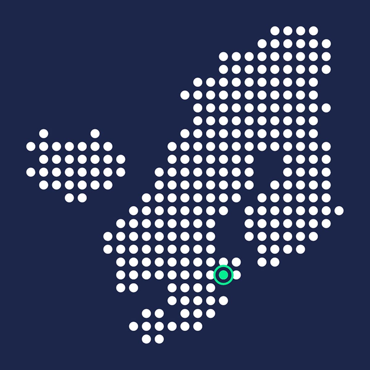Dotted map of the Nordic region with a green location marker pin.