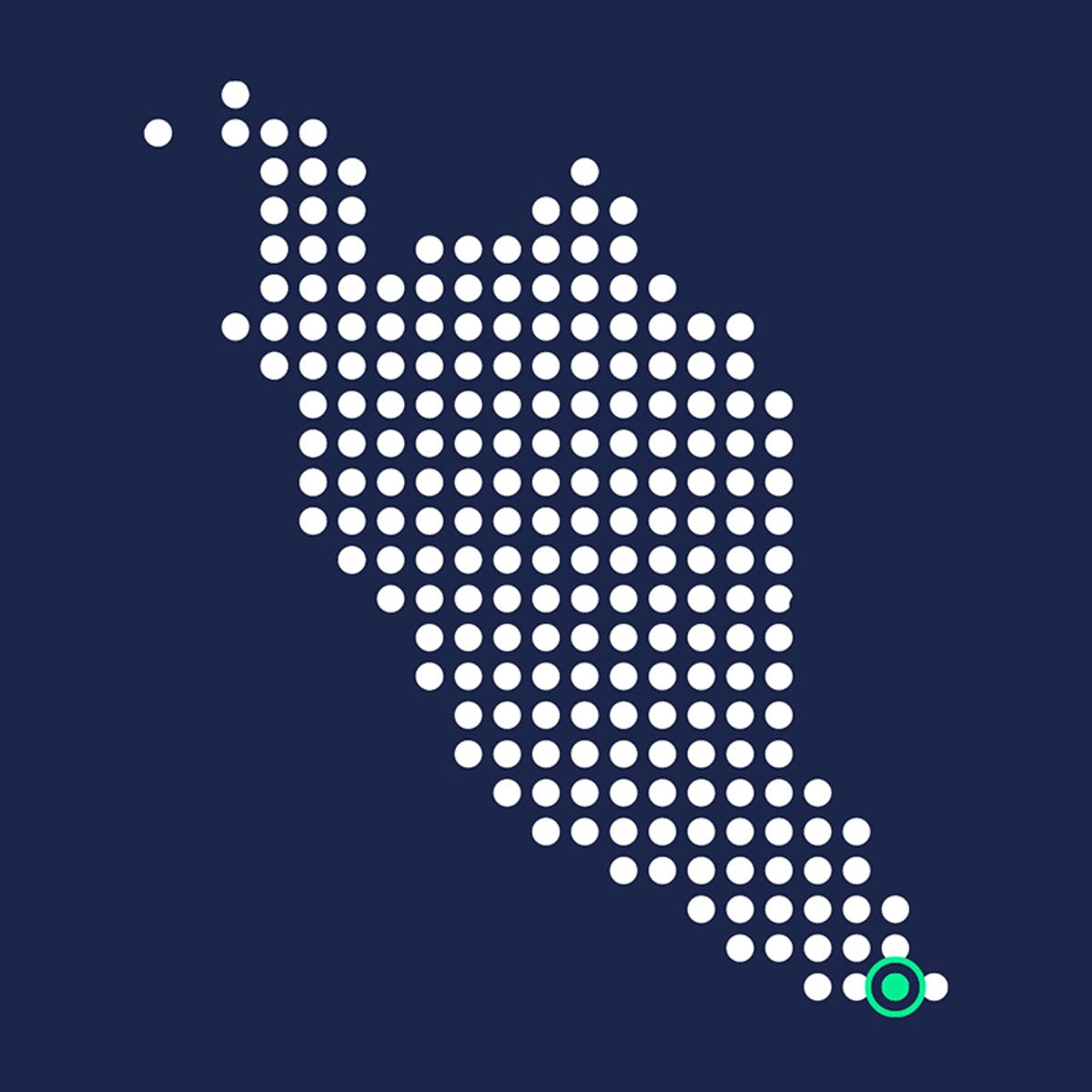 Dotted map of Iran with a green highlighted point marker in the southeast