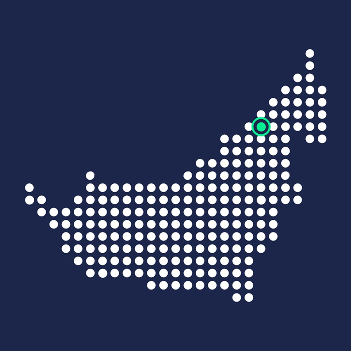 Dotted map of the UAE on a dark blue background with a green location pin marker.