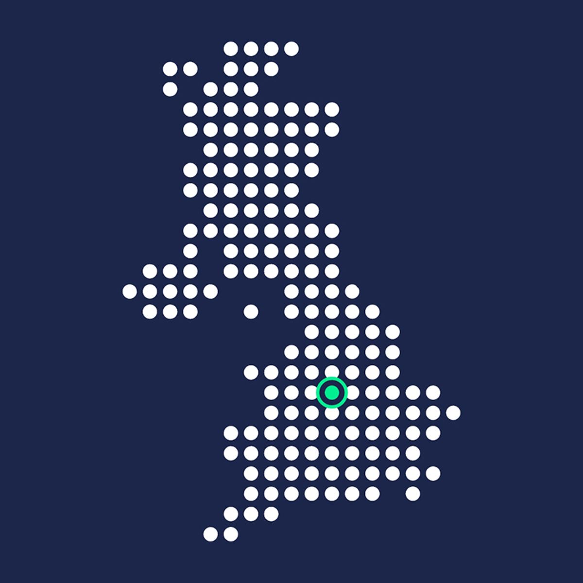 Dotted map of the United Kingdom with a green location pin marking a point in central England