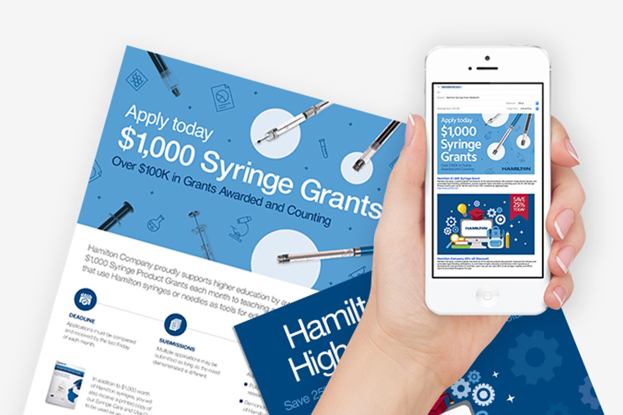 Hamilton $1,000 Syringe Grants promotional materials including a flyer and email displayed on a smartphone