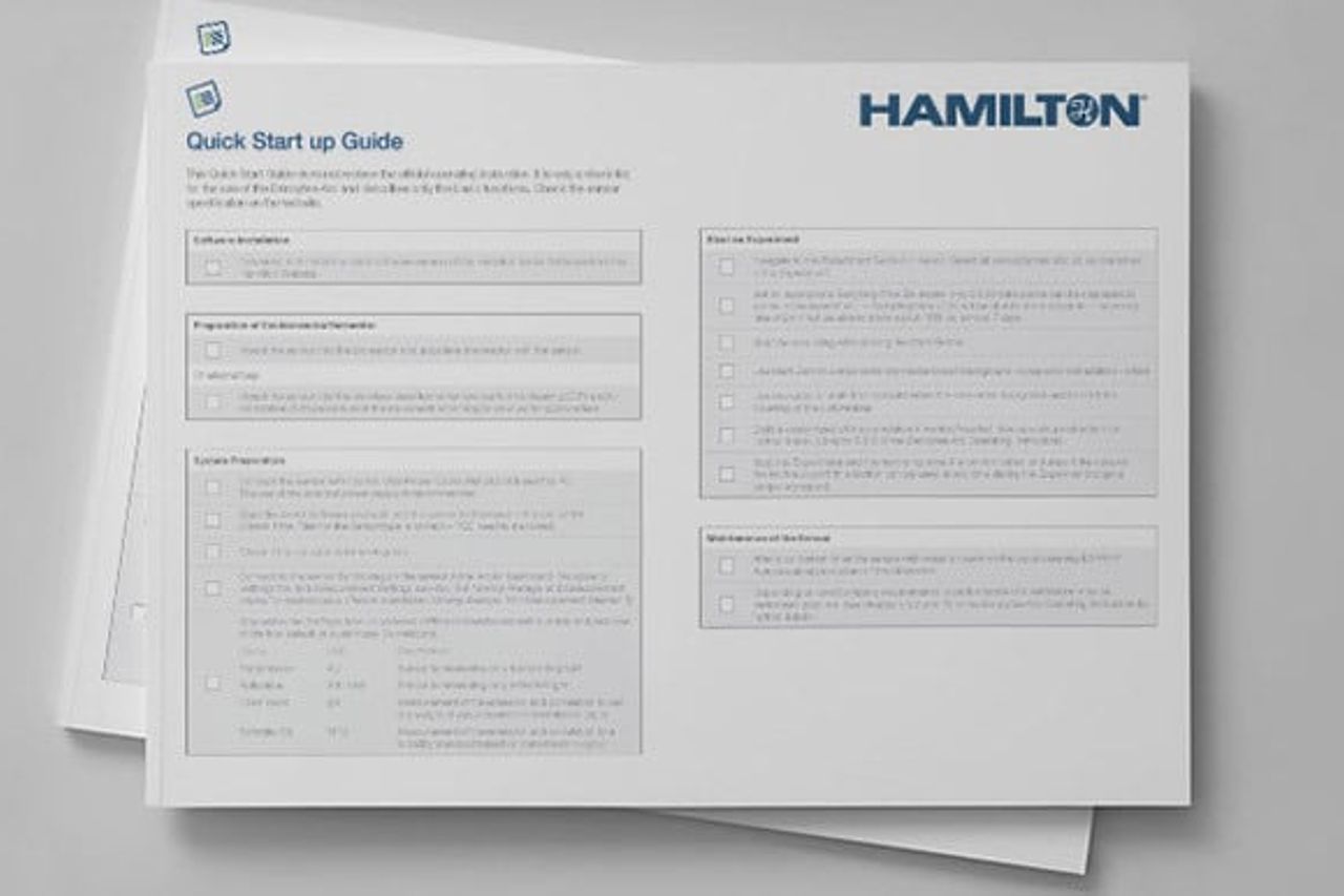 Hamilton Quick Start Guide document showing sections for installation, preparation, system setup, and maintenance