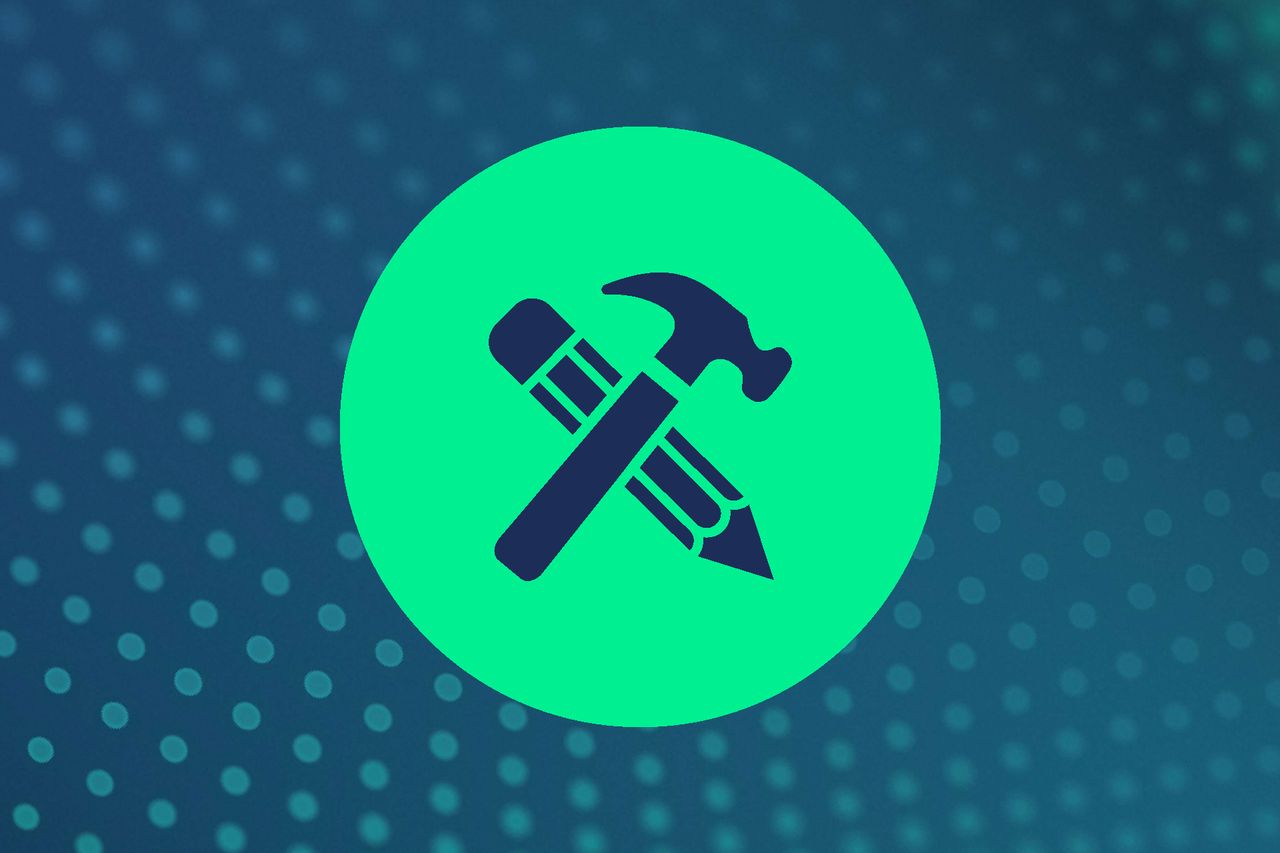 Green circle icon with a crossed pencil and hammer symbol on a dark teal dotted background.