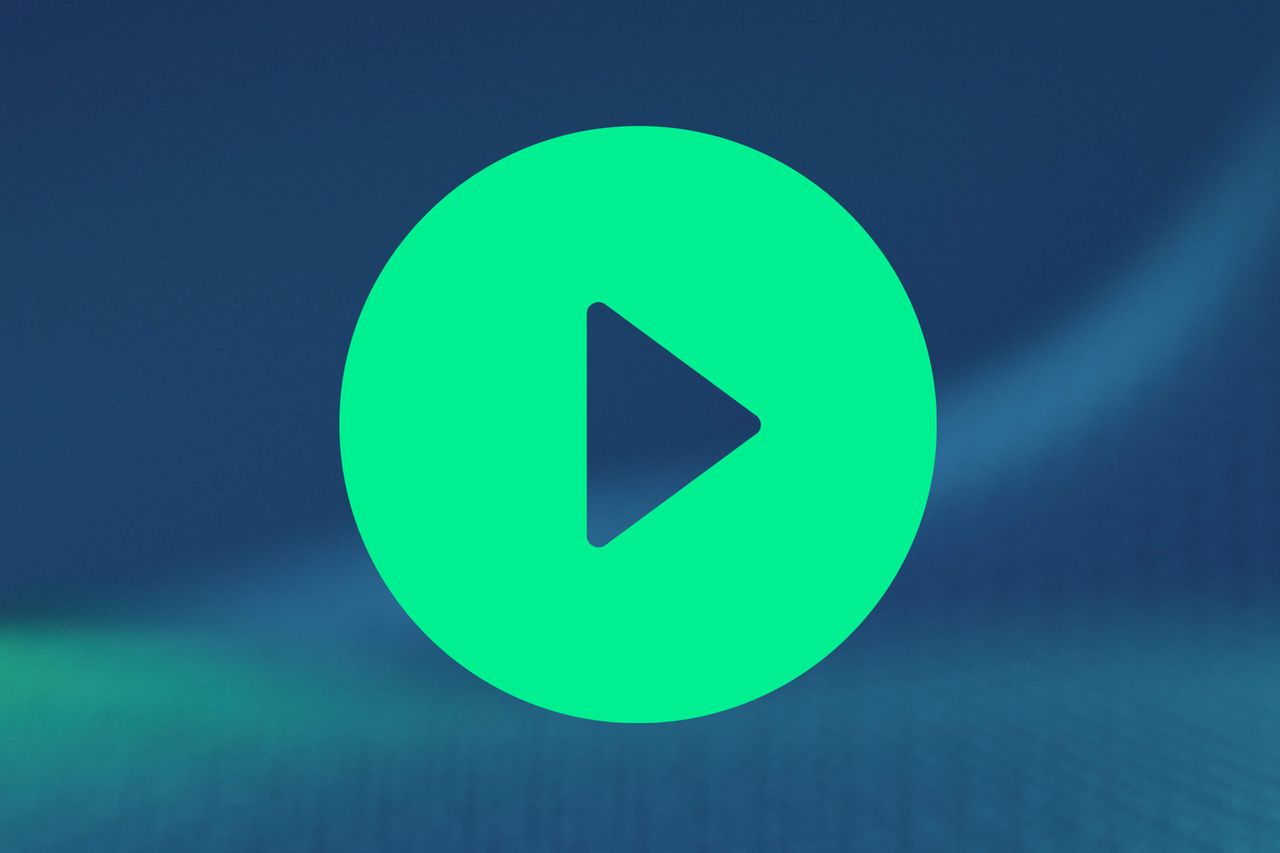 Green circular play button icon on a dark blue blurred background
