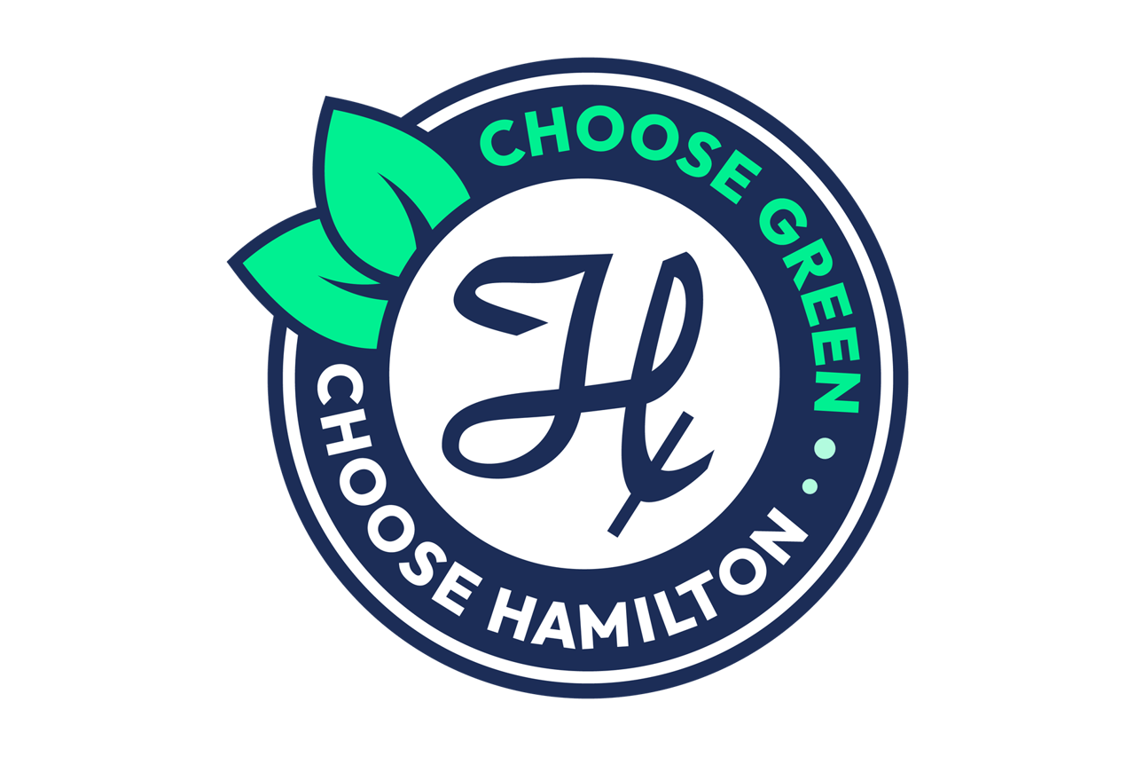 Circular badge logo with "Choose Green, Choose Hamilton" text and a green leaf accent, featuring a script H monogram.