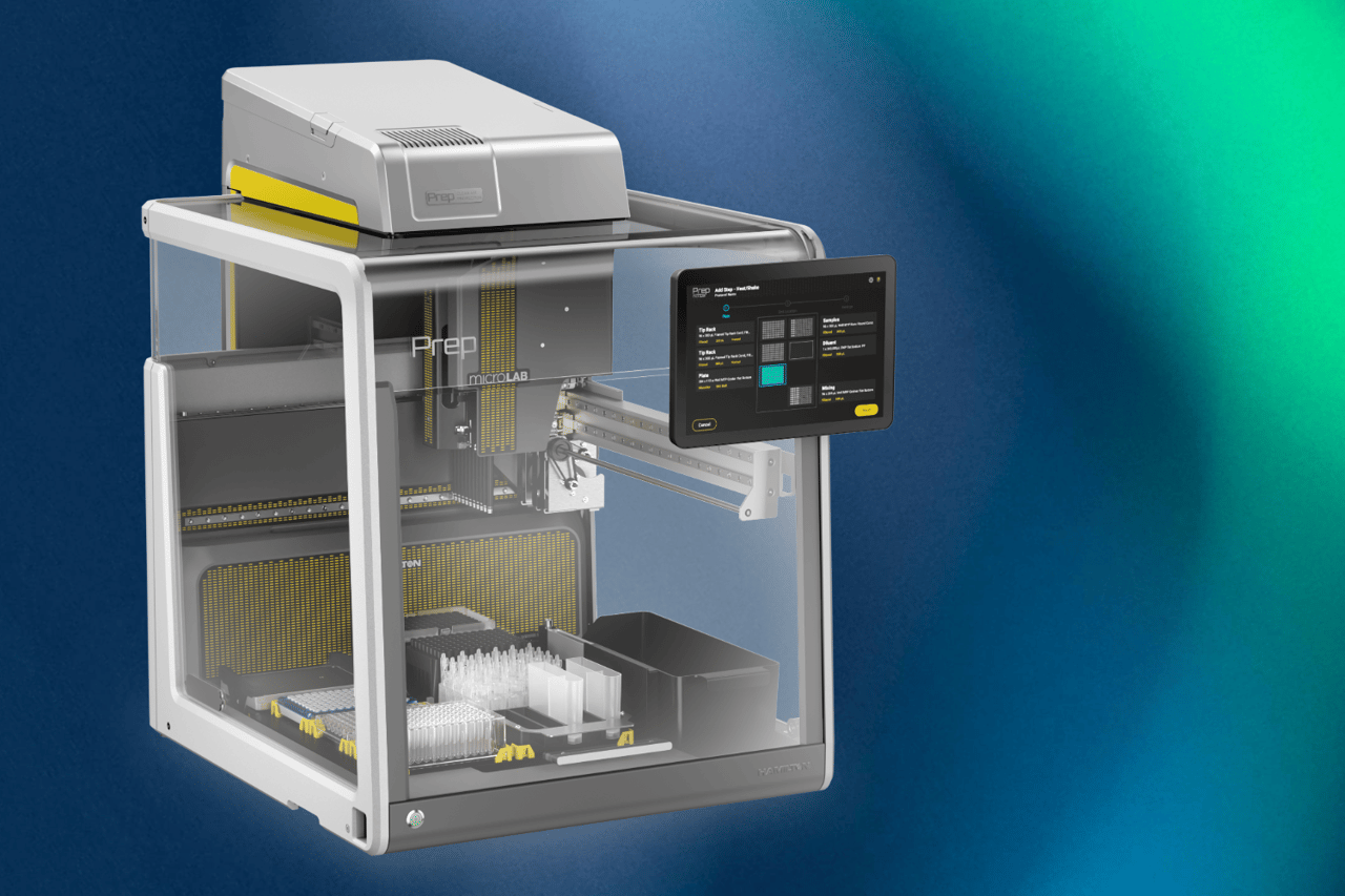 Hamilton Prep MicroLab automated liquid handler with touchscreen interface showing deck layout configuration