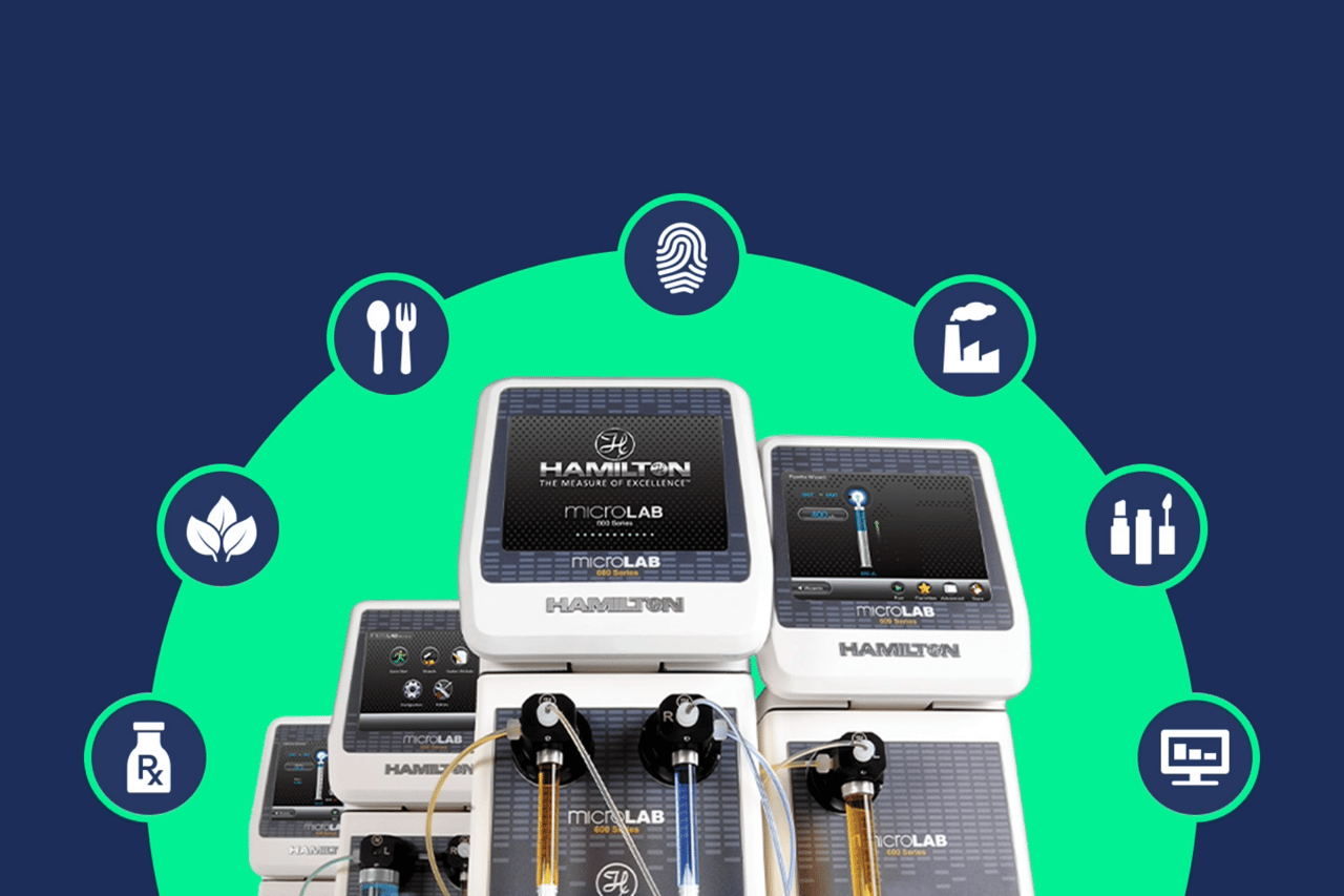 Hamilton microLAB series diluters with icons representing food, forensics, industrial, cosmetics, pharma, and environmental applications