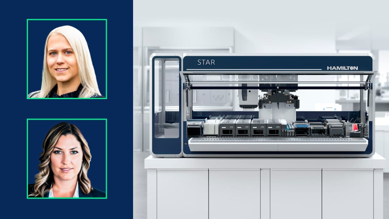 Two portrait photos and a Hamilton STAR automated liquid handler on a lab bench