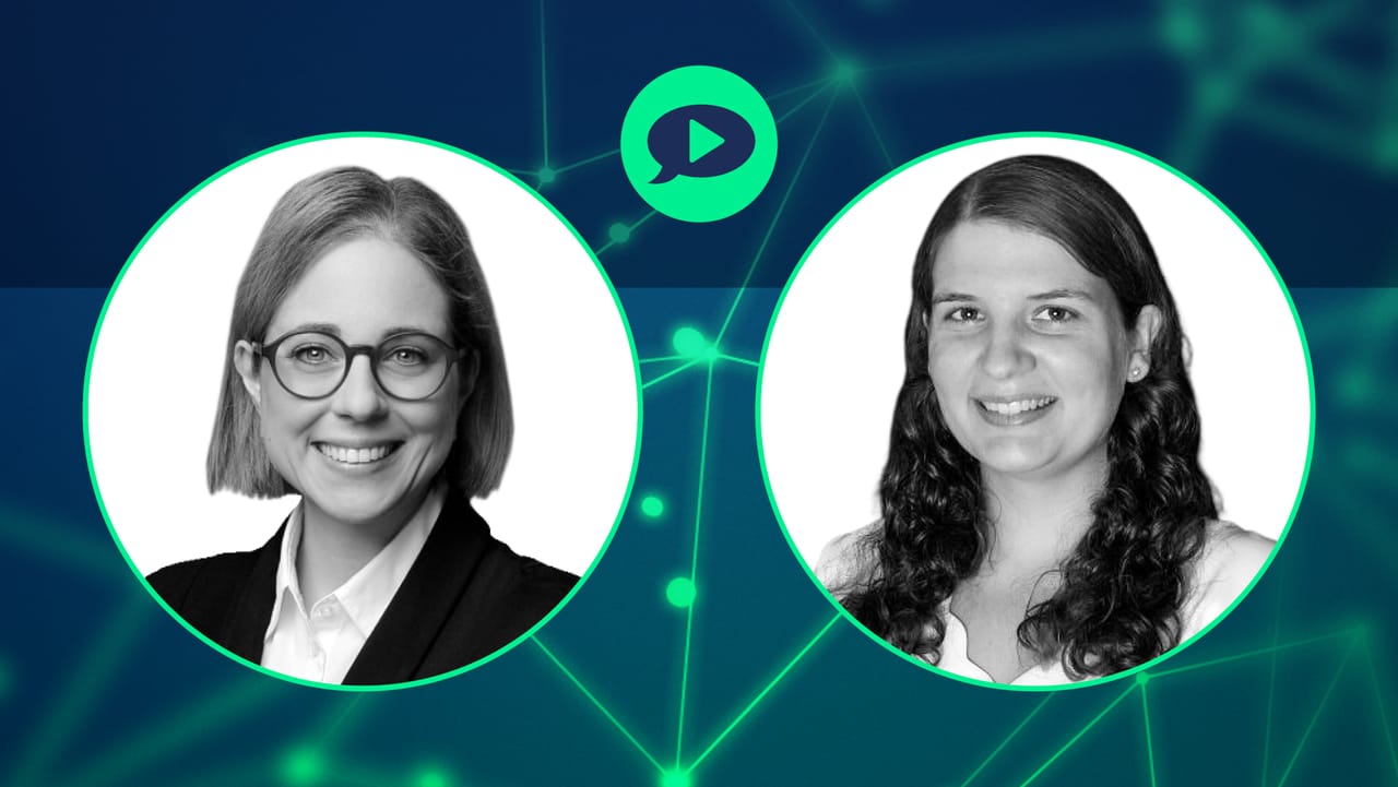 Two headshots of professionals in circular frames on a teal network graphic background with a podcast-style logo above.