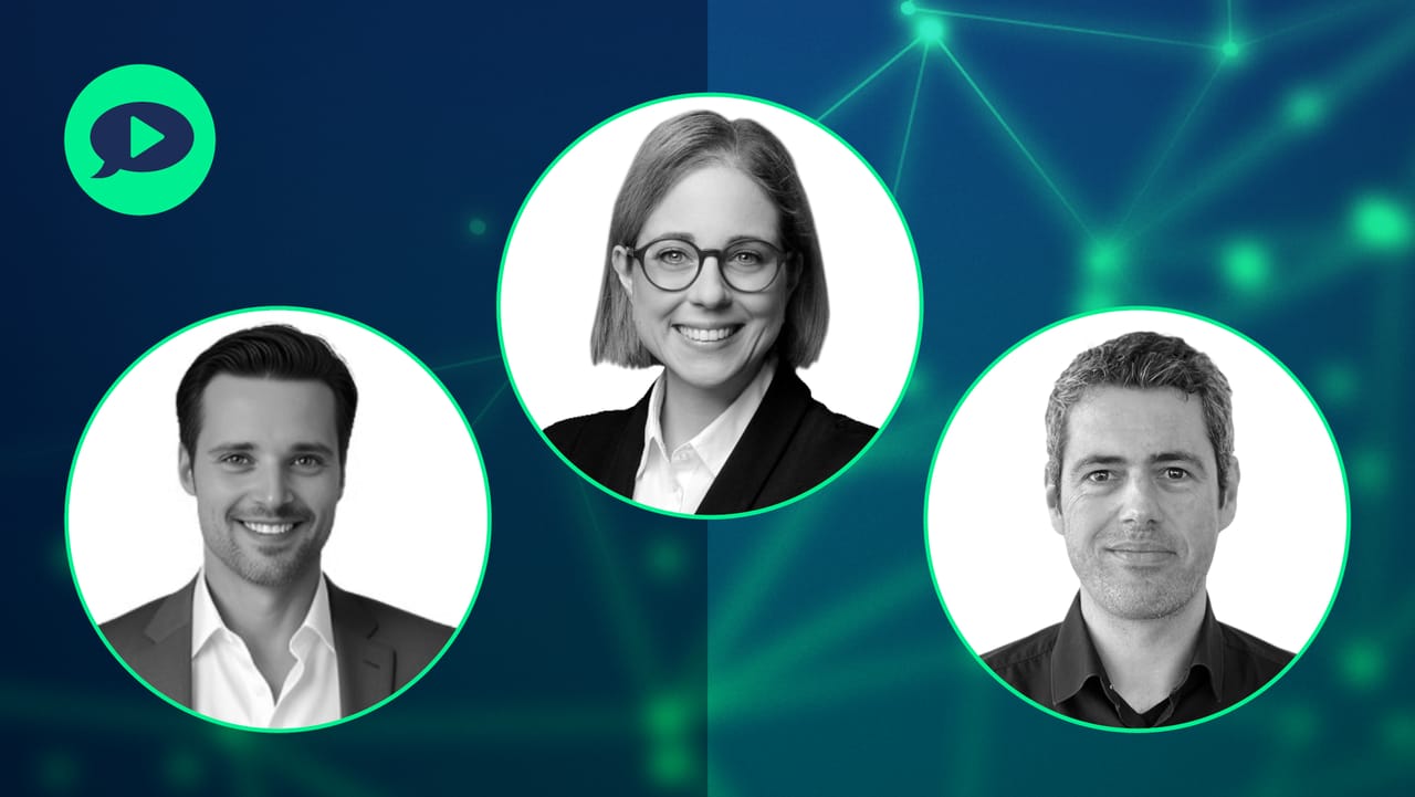 Three professional headshots arranged in circles on a dark blue tech-themed background with network graphics.