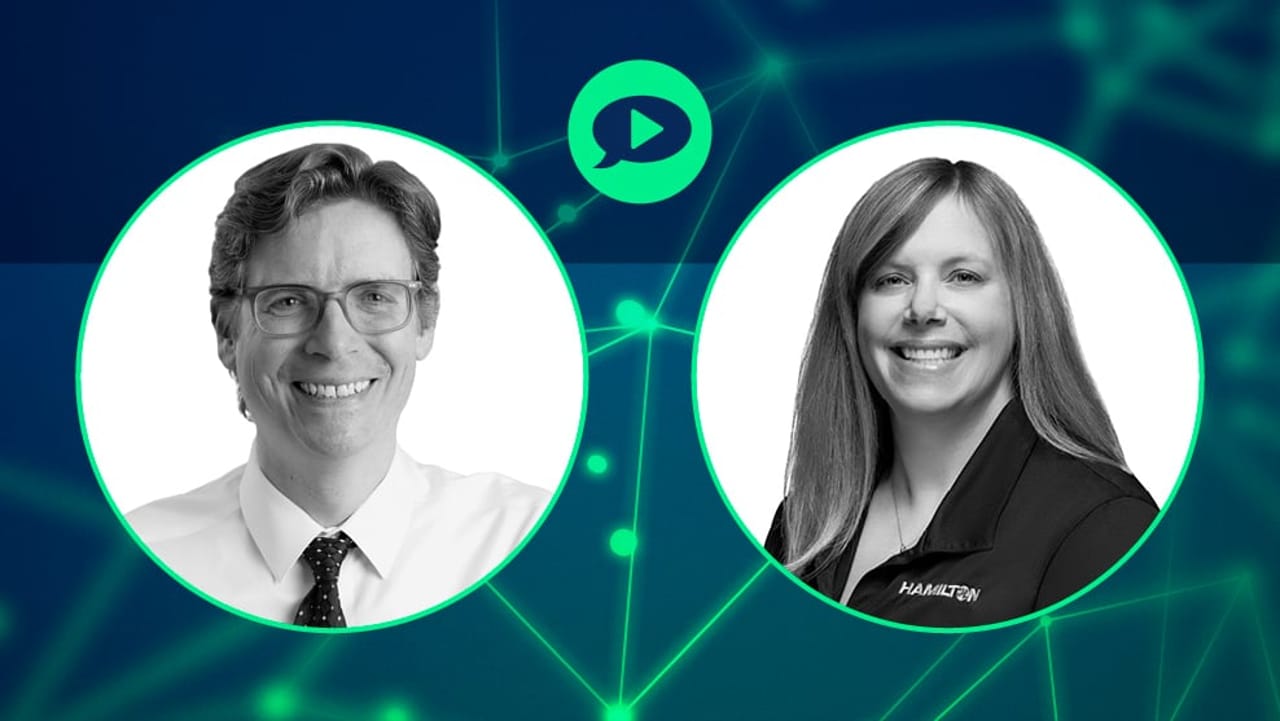 Two headshots of webinar speakers; one wearing glasses, one wearing a Hamilton-branded shirt, on a teal network background.