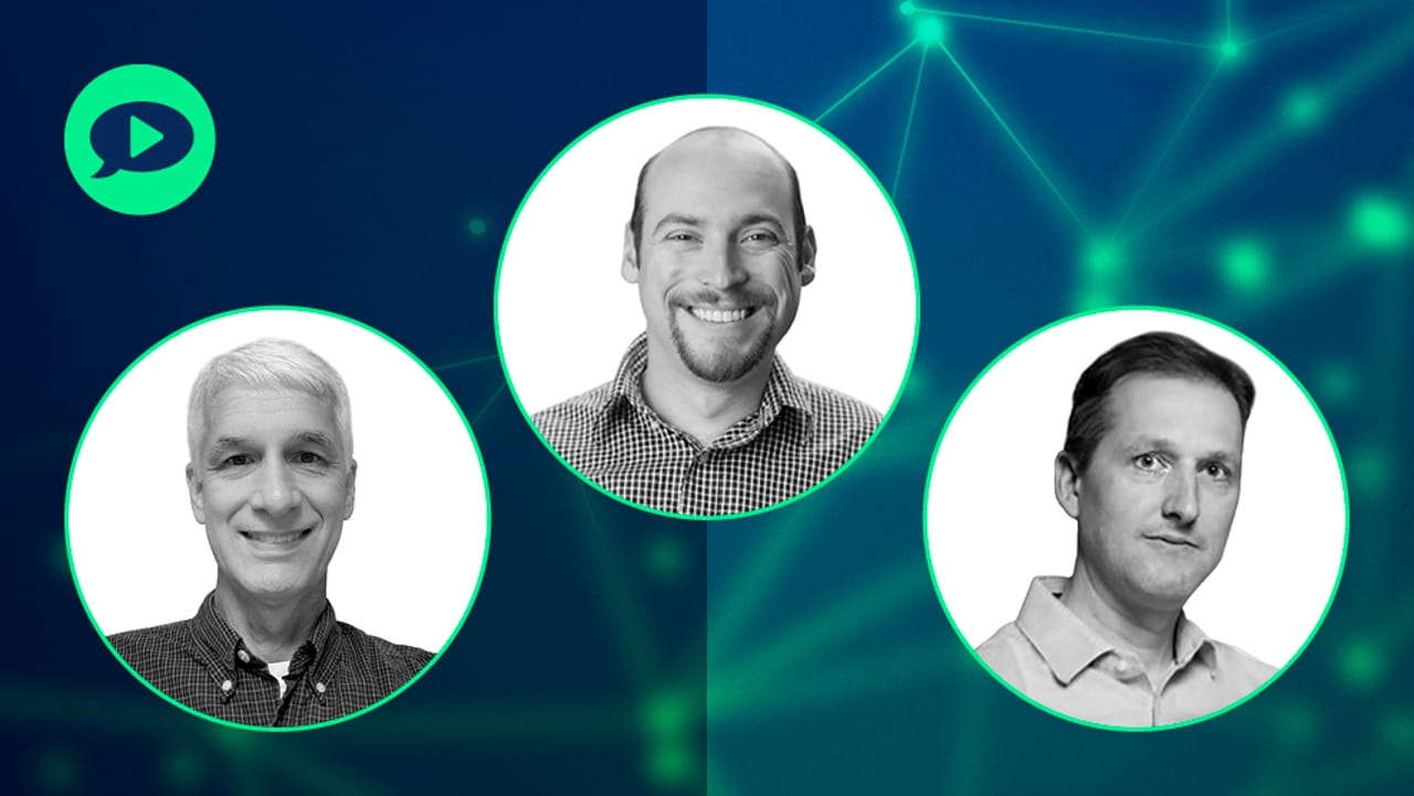 Three headshot portraits of professionals on a dark teal network graphic background
