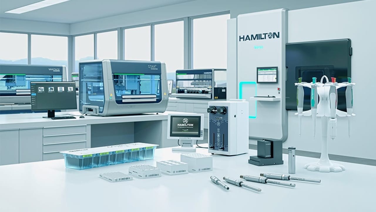 Hamilton laboratory workspace featuring a STAR automated liquid handler, Vantage workstation, Hamilton Verso module, pipettes, syringes, microplates, and sample tubes