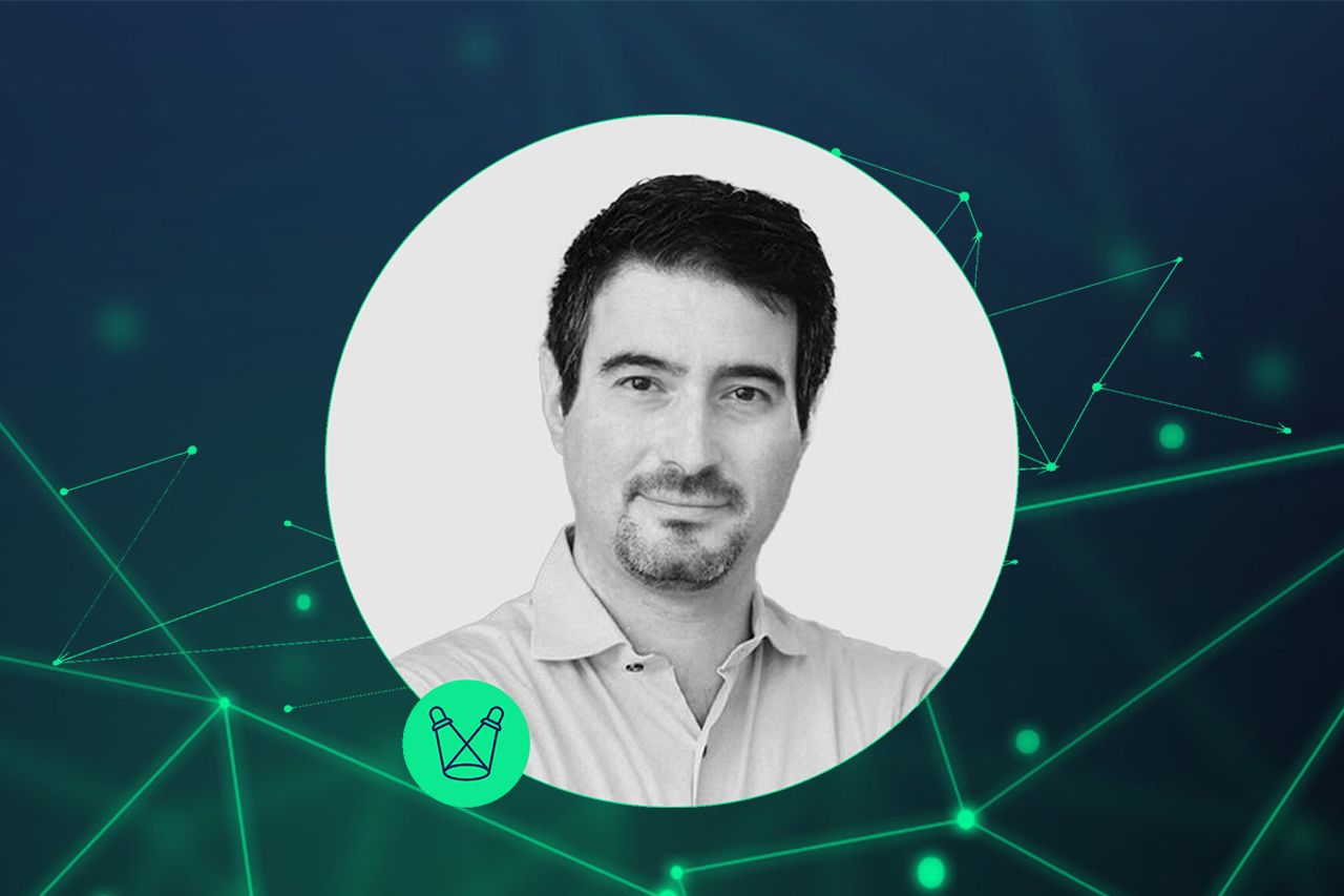 Headshot of a person in a circular frame on a dark teal network graphic background