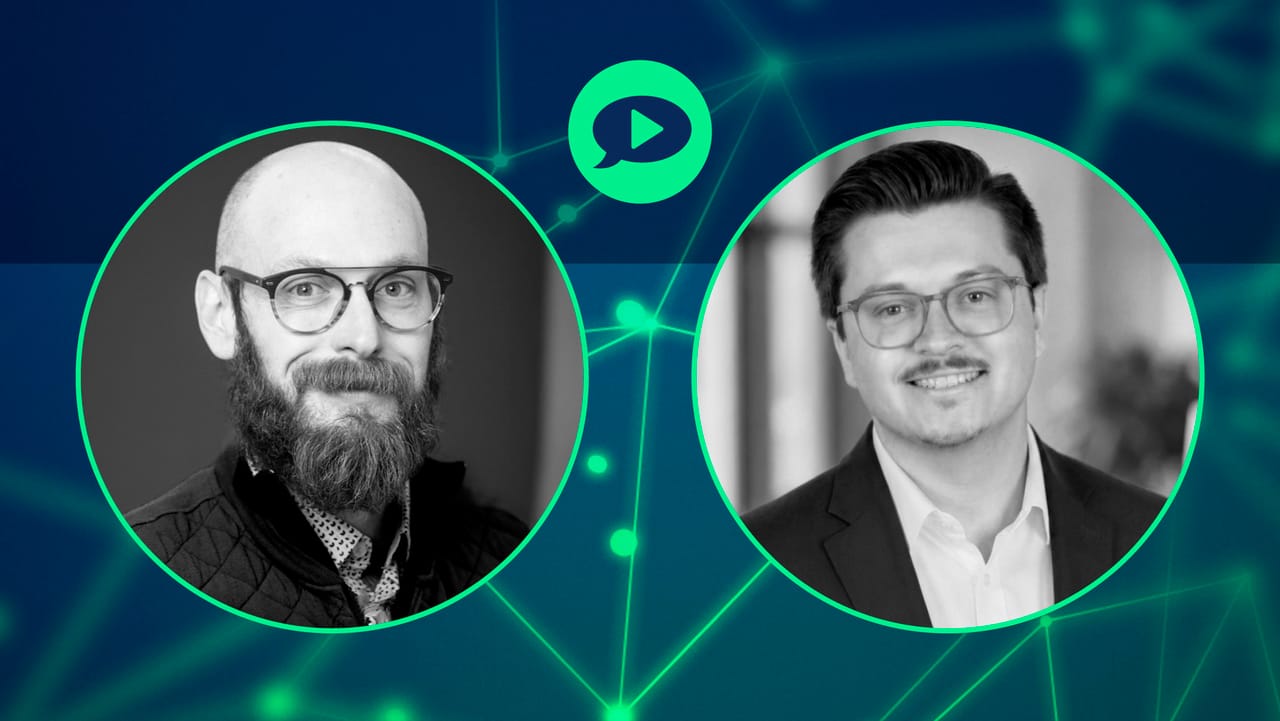 Two webinar presenters in circular portrait frames on a teal network-graphic background with a play button icon above