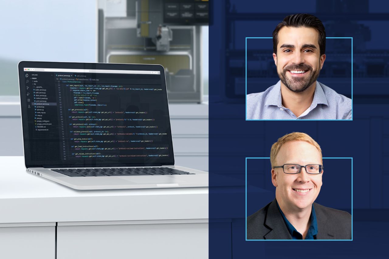 Two professional headshots alongside a laptop displaying Python code in a dark-themed IDE