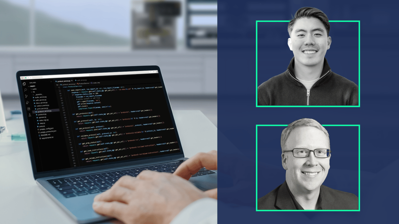 Two headshots on dark blue background beside a laptop displaying Python code in VS Code
