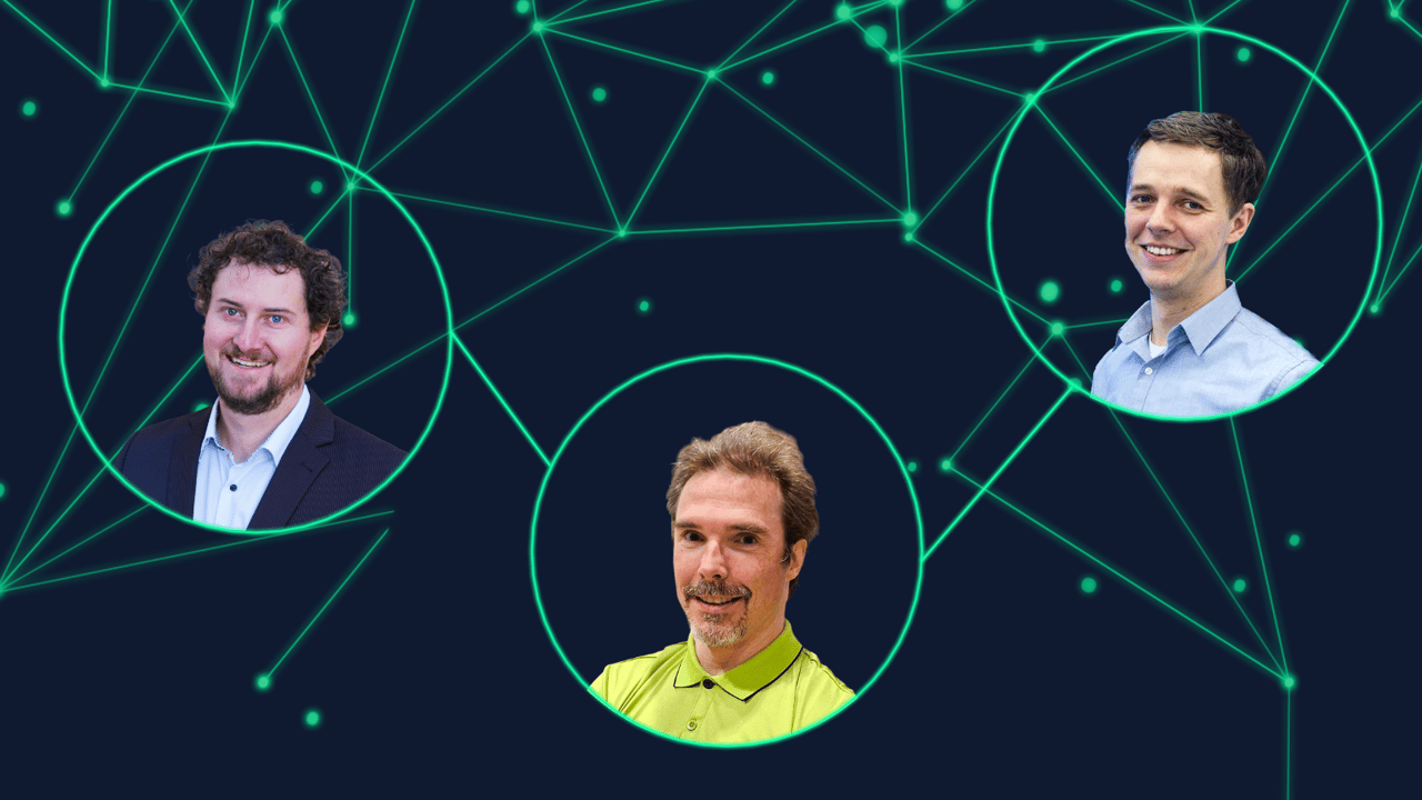Three headshots of people connected by a glowing green network graphic on a dark navy background.