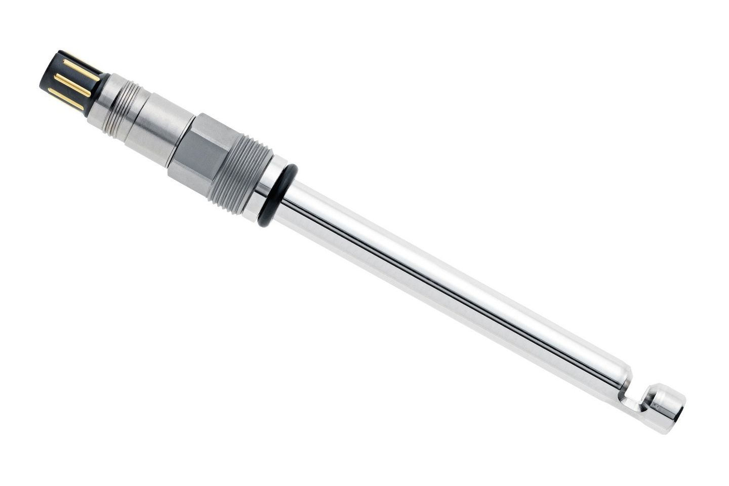 Stainless steel inline process sensor probe with threaded body, O-ring seal, and multi-pin connector