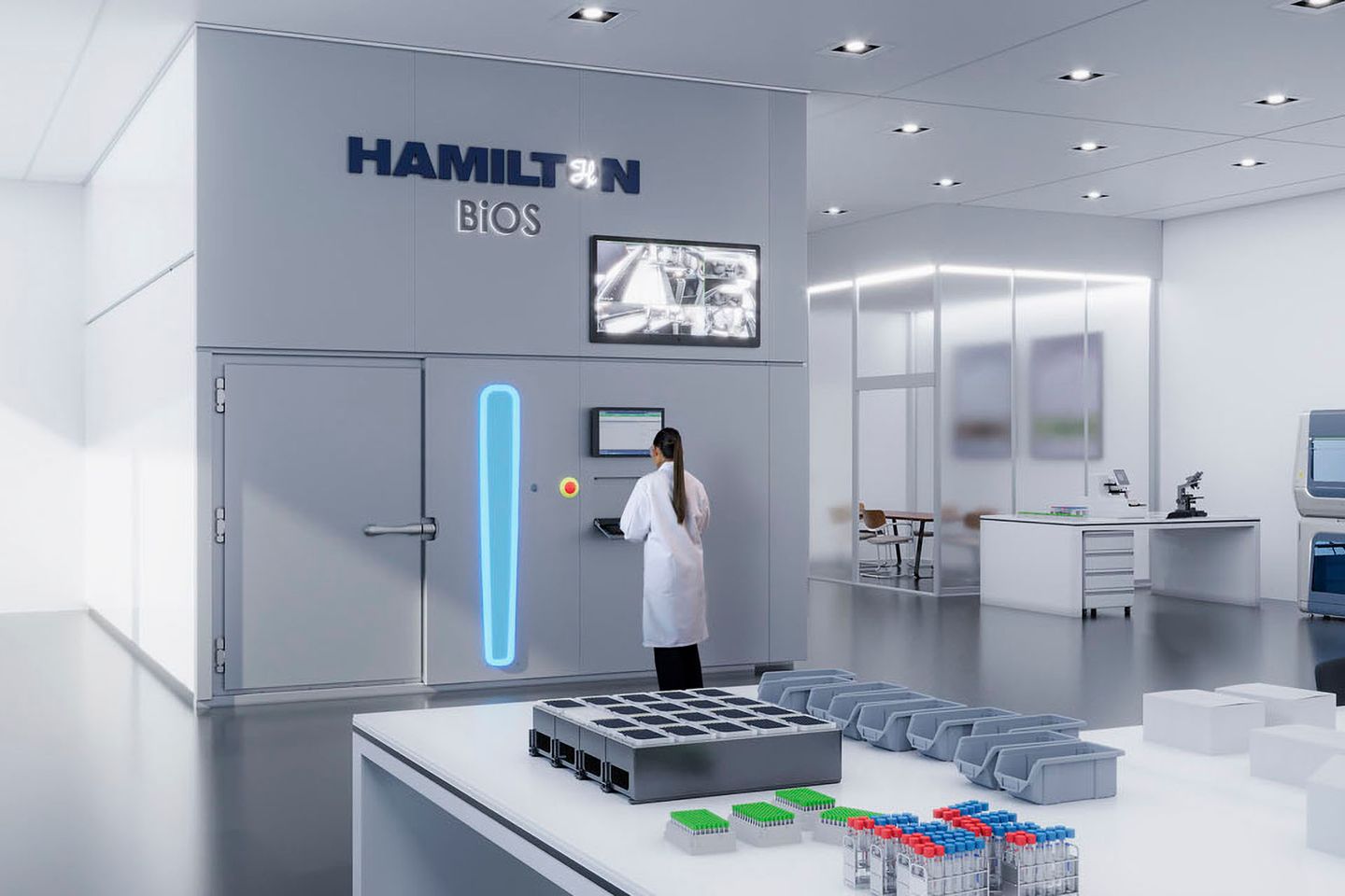 Tech interacting with Hamilton BiOS in lab
