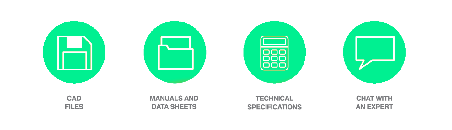 Four green icons: floppy disk (CAD Files), open folder (Manuals and Data Sheets), calculator (Technical Specifications), chat bubble (Chat With an Expert)