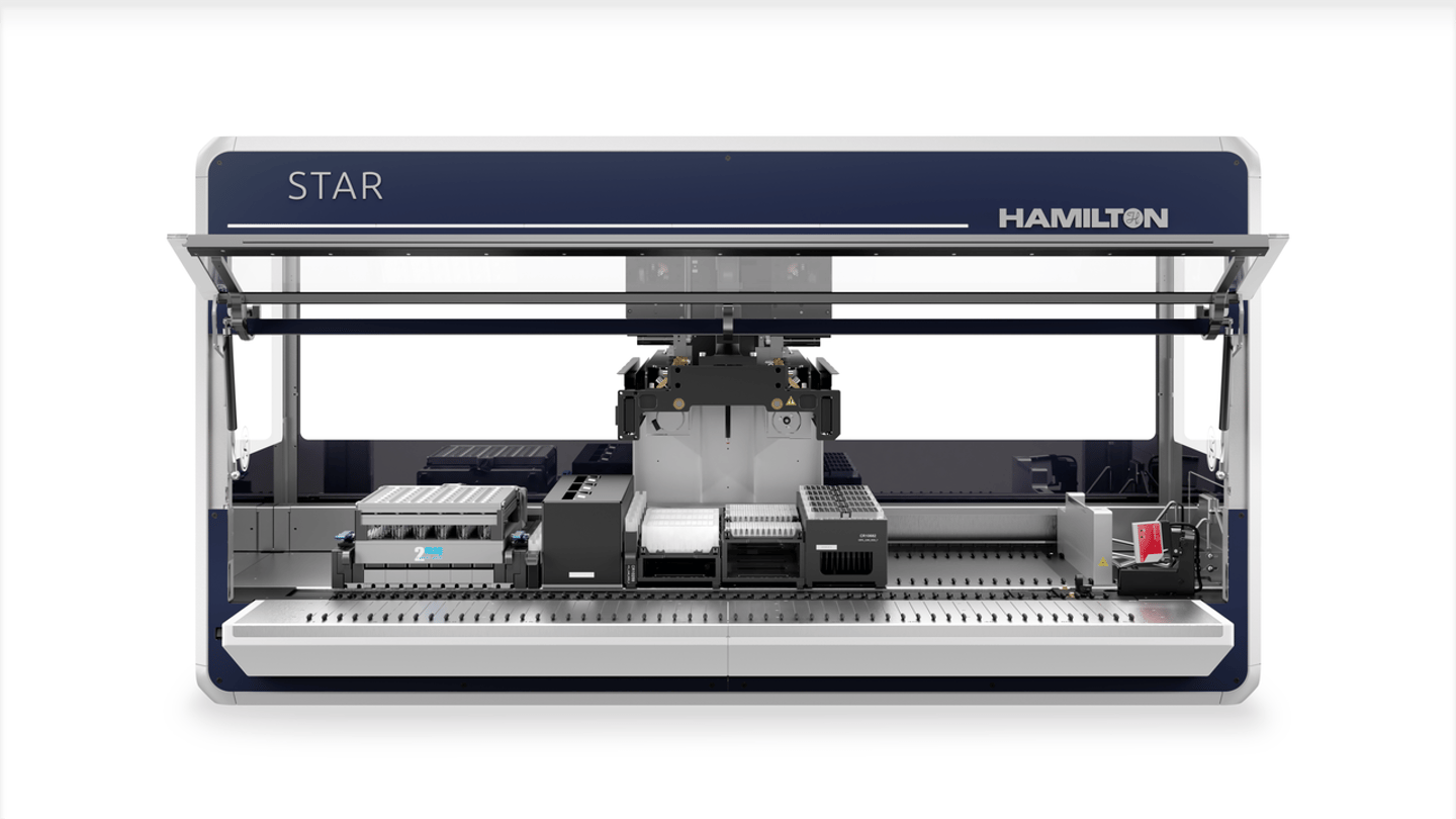 Hamilton STAR automated liquid handler, front view, open deck with pipetting arm and mounted lab modules