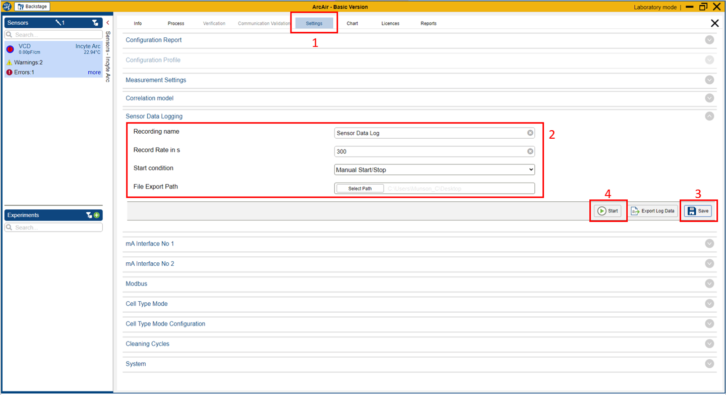 ArcAir Basic Version software Settings tab showing Sensor Data Logging configuration with recording name, rate, and export path fields.