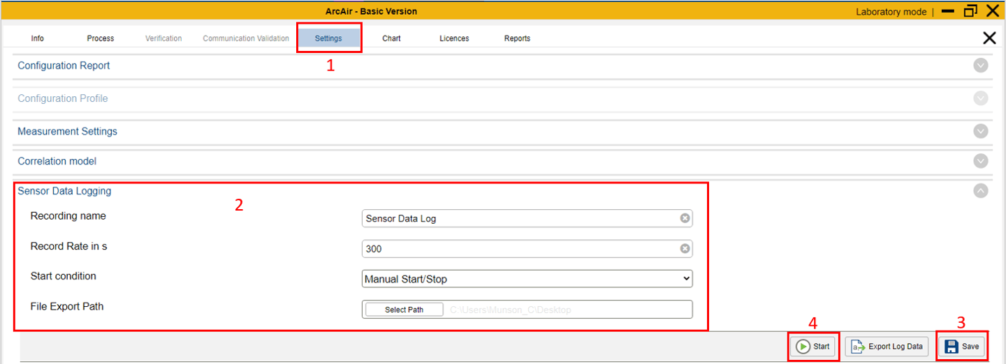 ArcAir Basic Version software Settings tab showing Sensor Data Logging configuration with recording name, rate, and export path fields.
