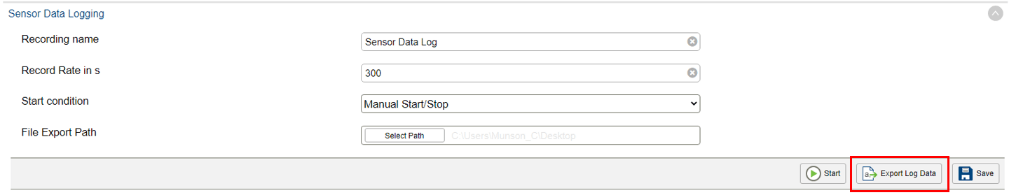 Sensor Data Logging interface with fields for Recording name, Record Rate, Start condition, and File Export Path, with Export Log Data button highlighted