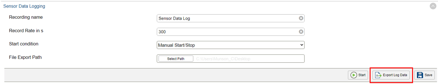 Sensor Data Logging panel showing recording name, record rate of 300s, manual start/stop condition, file export path, and highlighted Export Log Data button.