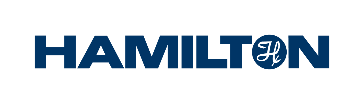 Hamilton Company logo in deep blue on a white background, featuring an italic cursive H emblem within a circle