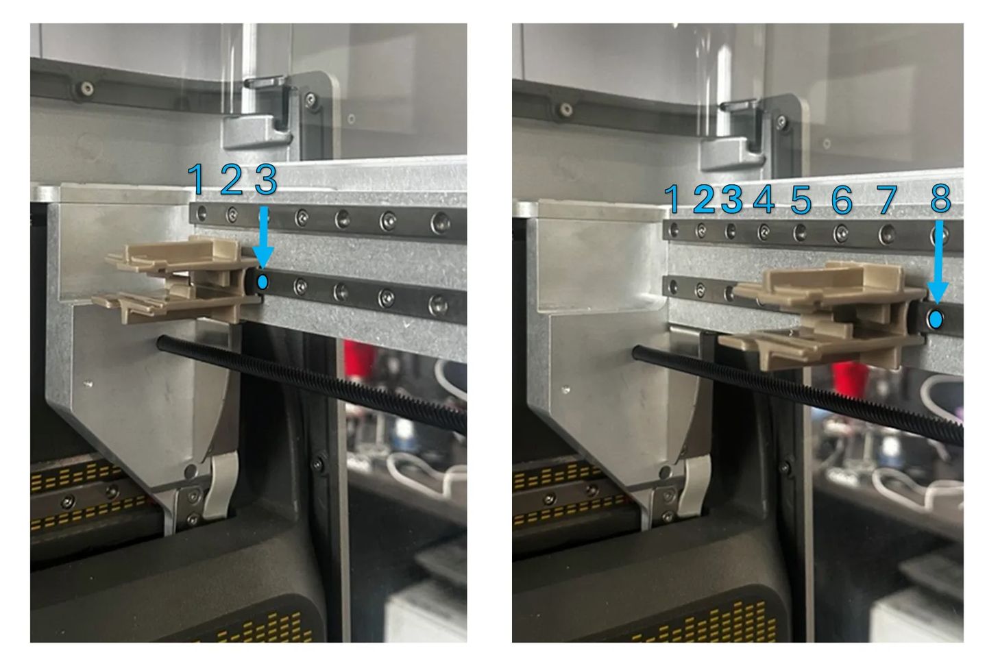 Two side-by-side photos of a chromatography column packing tool mounted on a linear rail, with numbered position markers 1–3 and 1–8.