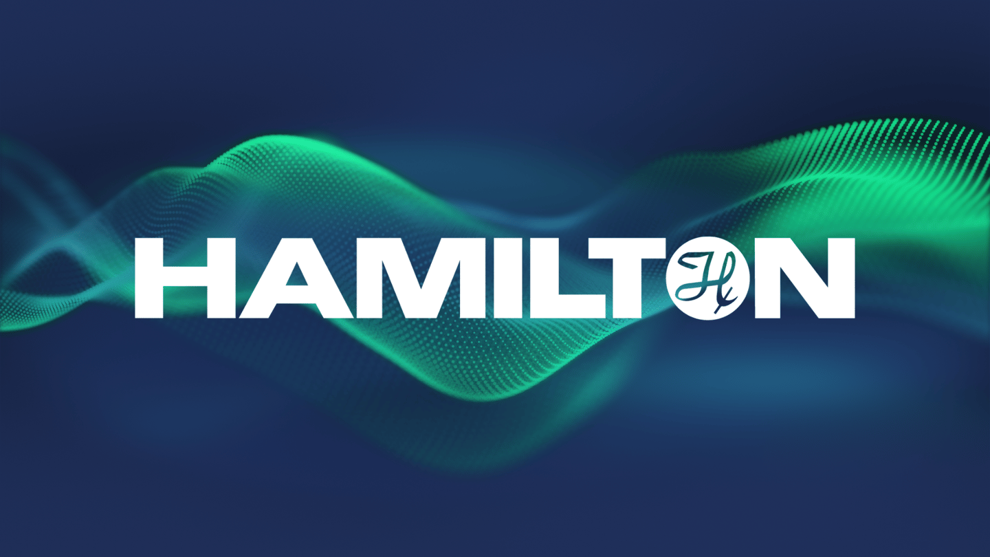 Hamilton logo on a dark blue background with teal and green animated wave graphics