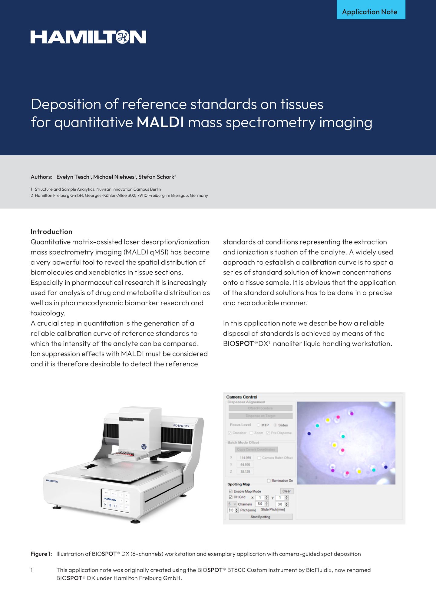 BIOSPOT DX nanoliter liquid handling workstation beside a camera control software interface showing colored spots on tissue