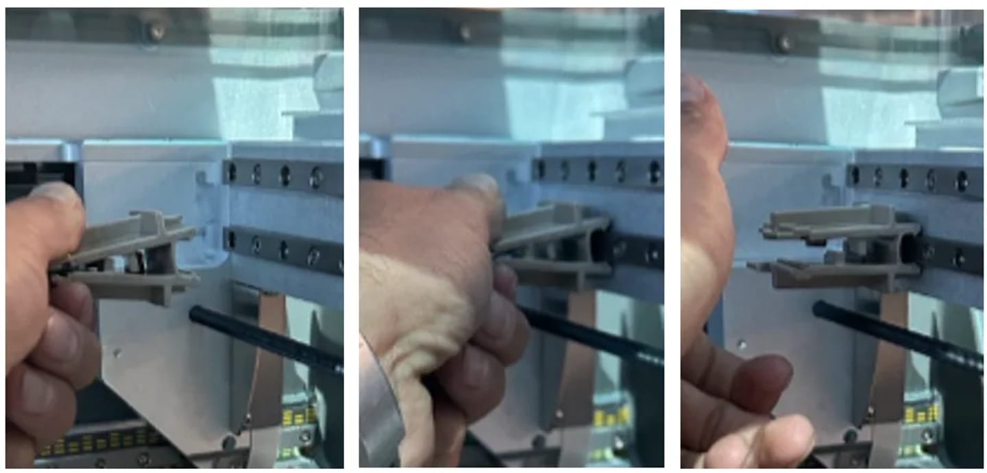 Three-step sequence showing hands removing or installing a plastic latch component on laboratory instrument hardware.