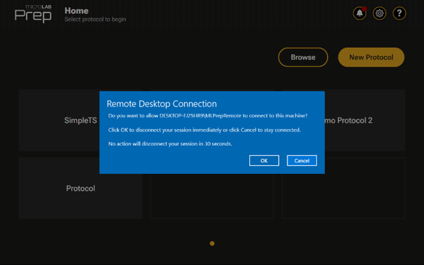 MicroLab Prep software home screen with a Remote Desktop Connection dialog box requesting permission to connect
