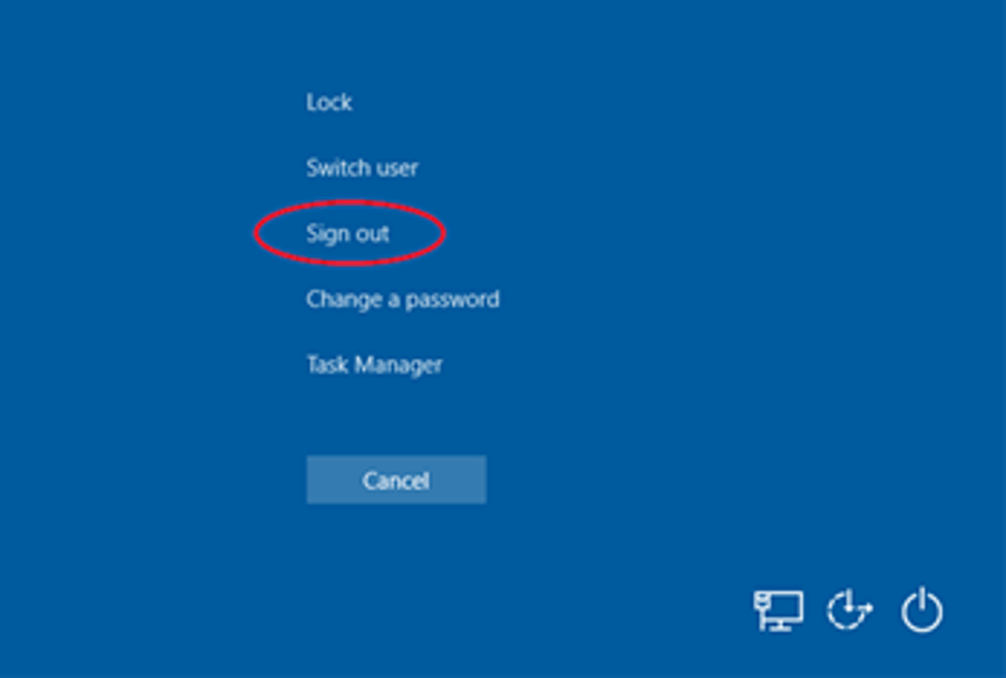 Windows security menu with Sign out option highlighted by a red circle