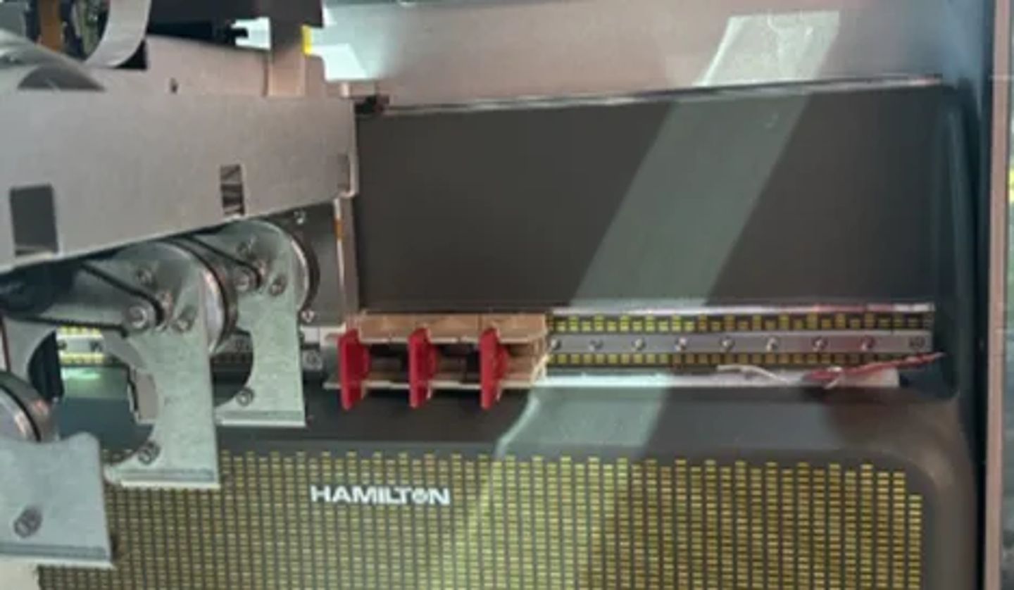 Hamilton-branded automated liquid handling deck with two parallel pipette tip racks and red tip holders mounted on a rail system.