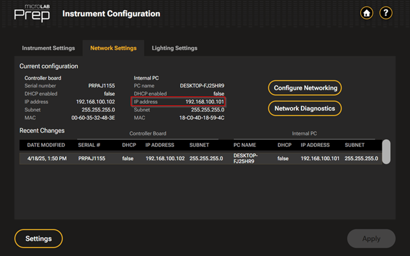 microLAB Prep Instrument Configuration screen showing Network Settings tab with controller board and internal PC IP addresses
