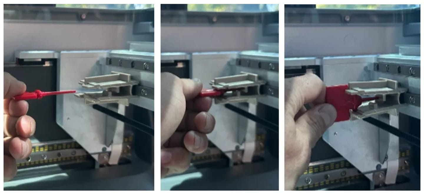 Three-panel sequence showing hands inserting a red connector into a laboratory instrument module.