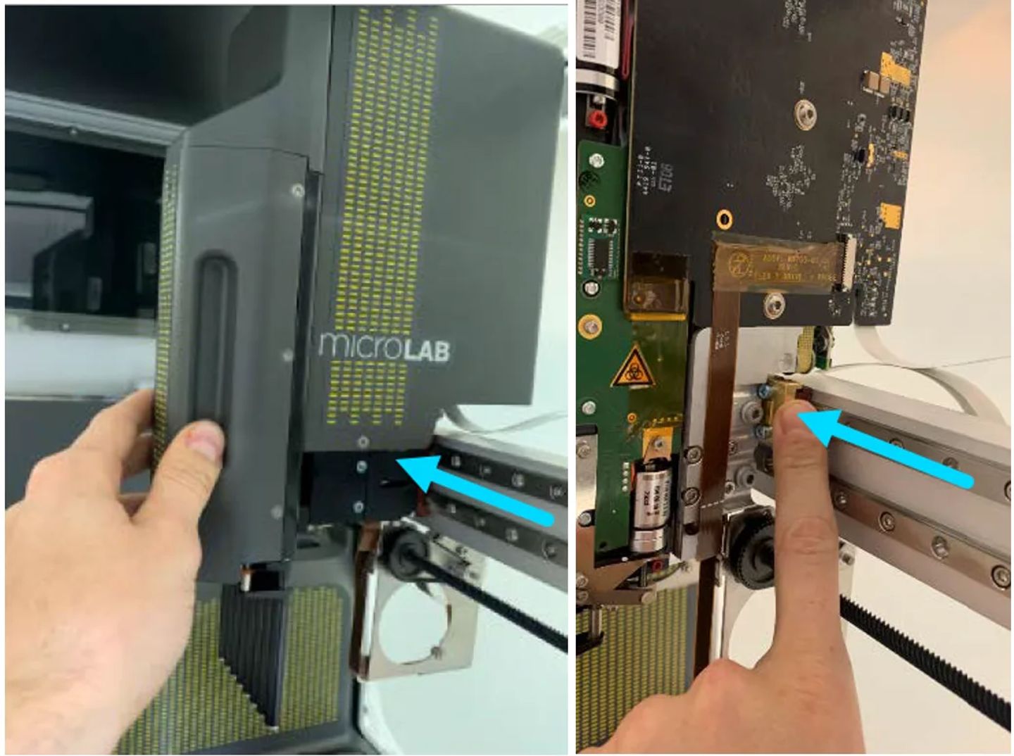 Two views of a MicroLab instrument module being handled, with arrows indicating a connector or latch point during removal or installation.