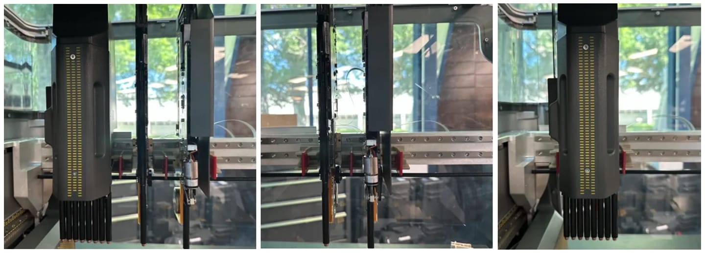 Three-panel sequence showing an automated liquid handling pipetting head moving along a vertical rail